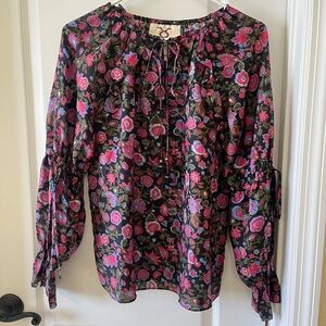 Figue 100% Silk Floral Black and Pink Long-Sleeve Blouse XS